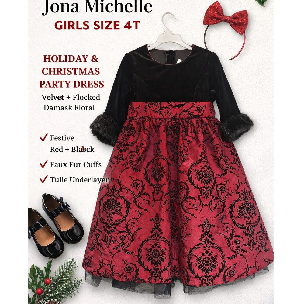 Jona Michelle Girls 4T Holiday Dress Red Velvet Flocked Damask Christmas Dress